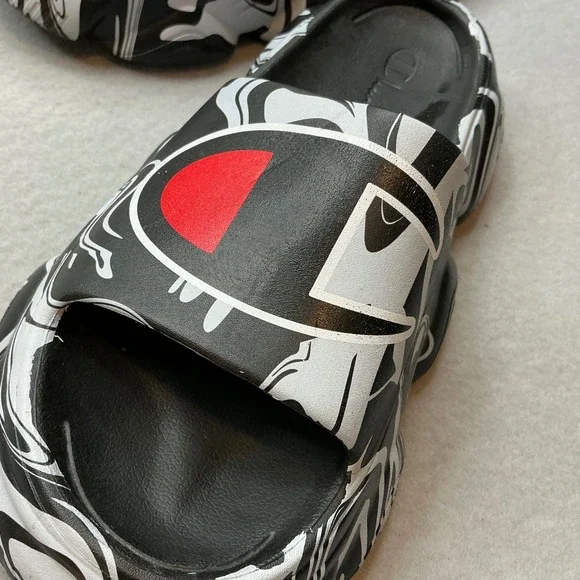 Champion IPO Warped Slides Black White Marble Swirl Sandals Mens Size 13 - Picture 7 of 14